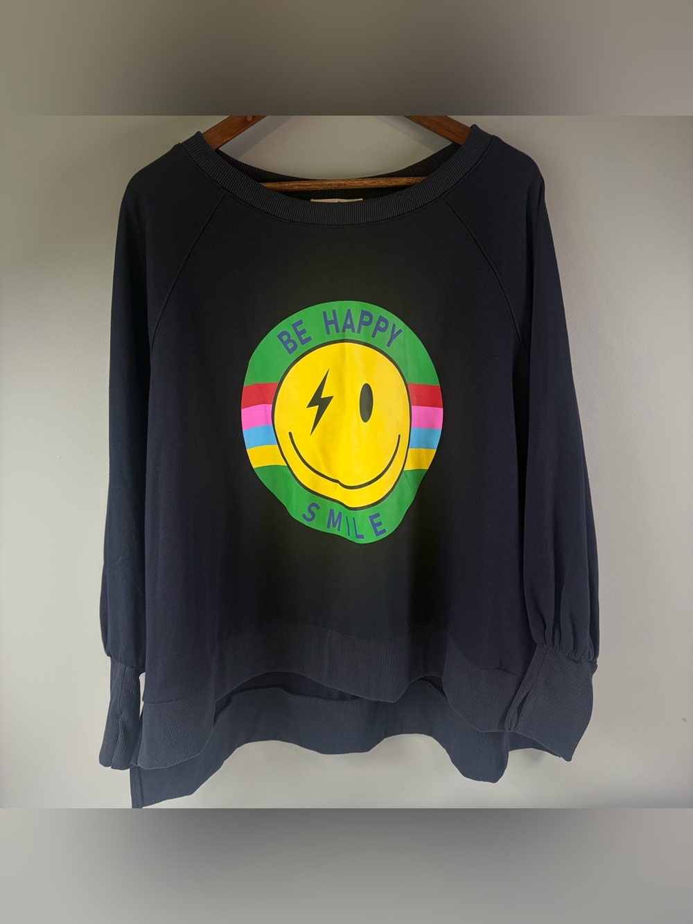 Fantastic Fawn Navy Pullover with Rainbow Smiley Graphic
